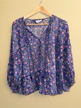 India Collection 3/4 Sleeve Purple Floral Fairy Cotton Top XS Oversized Summer